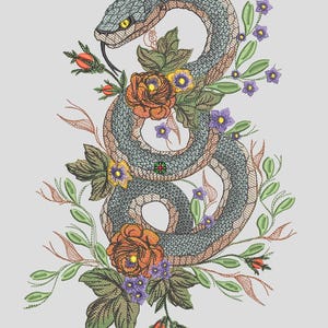 May include: A blue snake coiled around a bouquet of orange and yellow roses with purple and green foliage.