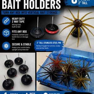 May include: A 6-pack of black circular bait holders, each featuring a 2-inch tall stainless steel pin. These holders include heavy-duty 2-way tape for mounting inside tackle boxes to store urchin and coike style fishing baits upright.