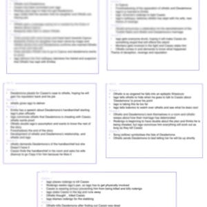 Könnte beinhalten: Eine Zusammenfassung des Theaterstücks "Othello" mit Text in hellvioletter Schrift auf weißem Hintergrund. Der Text ist in fünf Abschnitte unterteilt, die jeweils die Akte und Szenen des Stücks detailliert beschreiben. Der Titel "Act summary" steht oben.