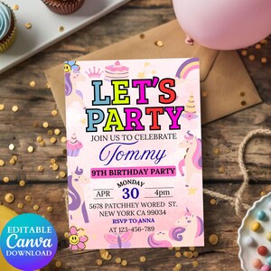 Op de afbeelding: Een roze en paarse uitnodiging voor een unicorn-verjaardagsfeestje met een regenboog, cupcakes en sterren. De tekst luidt "Let's Party" in kleurrijke letters en "Join us to celebrate Tommy 9th Birthday Party". De datum is maandag 30 april om 16:00 uur. Het adres is 5678 Patchhey Wored St., New York CA 99034. RSVP aan Anna op 123-456-789.
