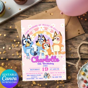 Bluey TWO-EY 2nd Birthday Invitation, Bluey Rainbow Daisy Pink Girl Party, Bluey 2nd Birthday Invitation, Bluey and Bingo Invitation