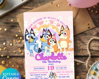 Bluey TWO-EY 2nd Birthday Invitation, Bluey Rainbow Daisy Pink Girl Party, Bluey 2nd Birthday Invitation, Bluey and Bingo Invitation