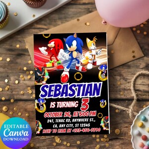 Invitation d'anniversaire Sonic modifiable, modèle d'invitation à une fête de hérisson imprimable, superbe invitation à une fête Sonic, invitation d'anniversaire Sonic