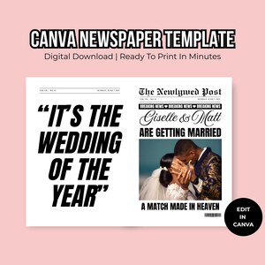 May include: A digital Canva newspaper template with the headline "It's the Wedding of the Year" and "Giselle & Matt are Getting Married." The template is ready to print and includes a photo of a couple.