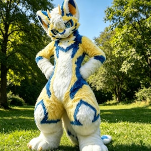Peut inclure: Un costume de fursuit complet, dans un cadre extérieur herbeux. Le costume présente un code couleur jaune, blanc et bleu avec un design animalier stylisé. Le fursuit a de grandes pattes, une queue et une tête détaillée avec des yeux bleus.