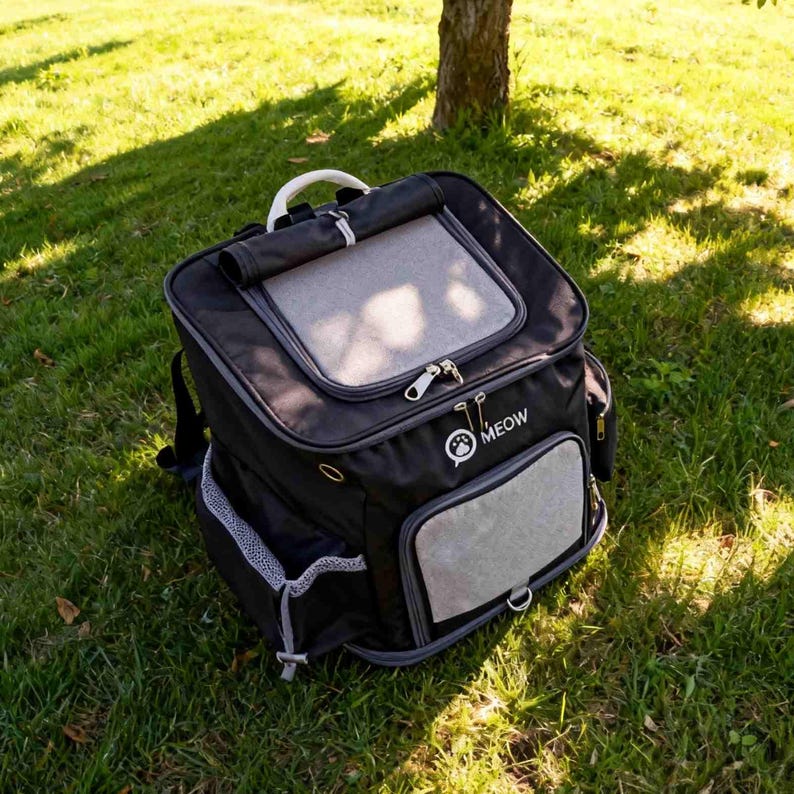 K&ouml;nnte beinhalten: Schwarzer Rucksack f&uuml;r Haustiere mit grauen Akzenten und Mesh-Fenstern. Verf&uuml;gt &uuml;ber einen oberen Griff und eine Vordertasche. Das Wort "Meow" ist zusammen mit einem Pfotenabdruck-Logo auf der Seite aufgedruckt. Konzipiert f&uuml;r den Transport kleiner Haustiere.