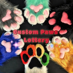 May include: A collection of colorful, furry paw gloves in various colors, including blue, orange, green, and black, with pink paw pads. The text "Custom Paws Lottery" is displayed in a glowing red font across the image. These gloves are designed for cosplay or costume use.