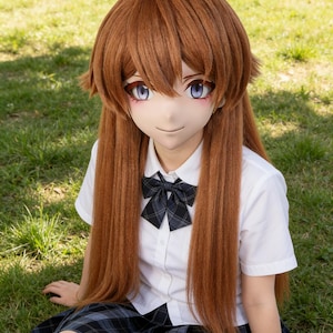 May include: A person wearing a brown wig and a mask with anime-style eyes, a white short-sleeved shirt, a black plaid bow tie, and a blue and gray plaid skirt, sitting on grass.