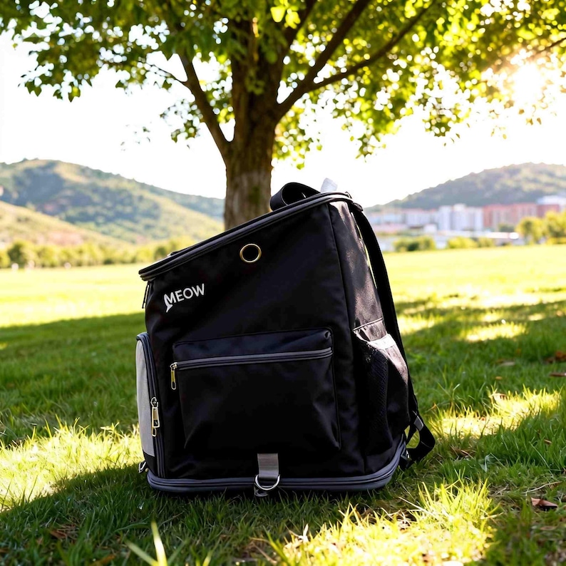 K&ouml;nnte beinhalten: Schwarzer Rucksack f&uuml;r Haustiere mit dem Wort "MEOW" in Wei&szlig;. Der Rucksack hat eine Vordertasche mit Rei&szlig;verschluss, eine graue Umrandung und einen Metallring oben. Er liegt auf gr&uuml;nem Gras unter einem Baum.