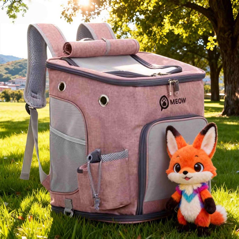 K&ouml;nnte beinhalten: Ein rosafarbener Rucksack f&uuml;r Haustiere mit grauen Akzenten und Mesh-Seitenteilen. Auf dem Rucksack steht das Wort "MEOW" und daneben liegt ein kleines Stofftier in Form eines Fuchses. Der Rucksack steht auf gr&uuml;nem Gras.
