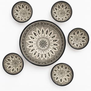 Ensemble de bols marocains faits main en céramique : motif mandala noir et blanc