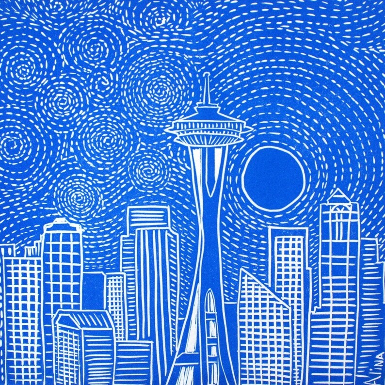 MOONRISE OVER SEATTLE Linocut Hand Pulled OriginalPrint Signed