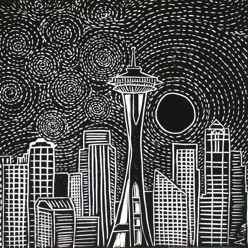 MOONRISE OVER SEATTLE Linocut Hand Pulled OriginalPrint Signed