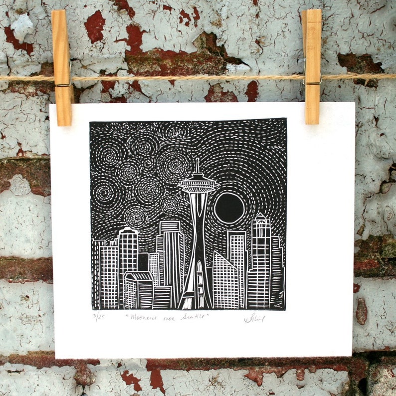 MOONRISE OVER SEATTLE Linocut Hand Pulled OriginalPrint Signed