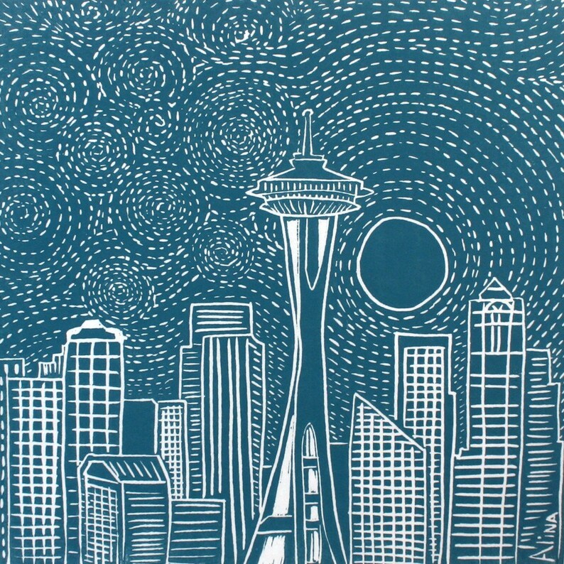 MOONRISE OVER SEATTLE Linocut Hand Pulled OriginalPrint Signed
