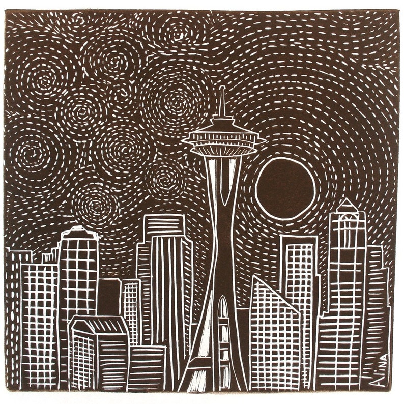 MOONRISE OVER SEATTLE Linocut Hand Pulled OriginalPrint Signed