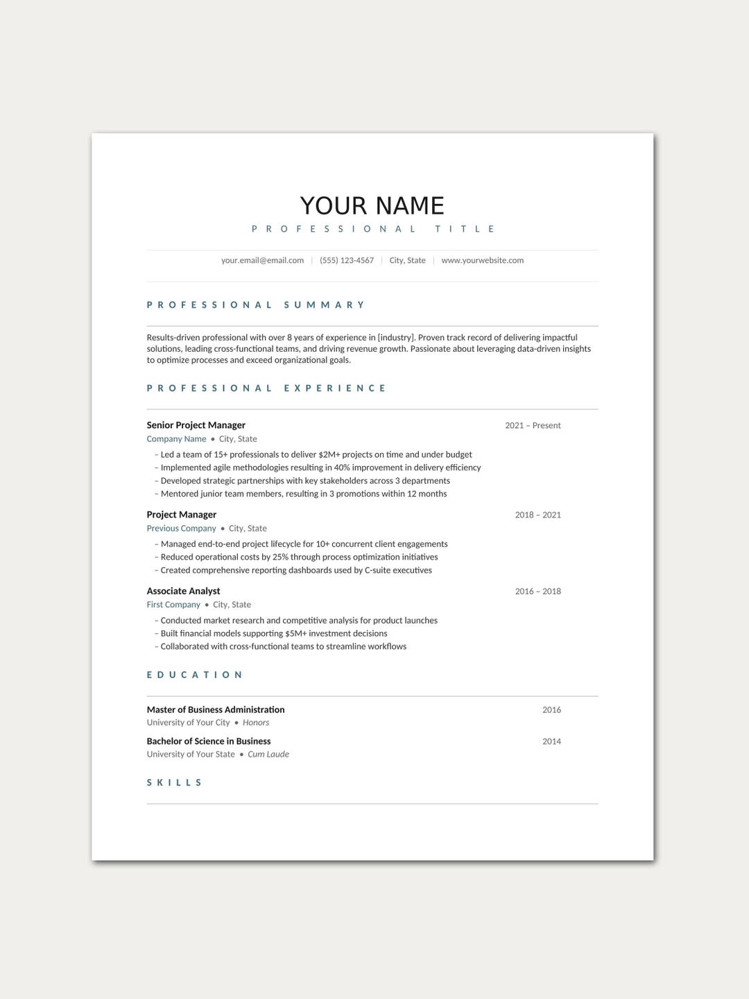 Clean Minimalist Resume Template | Professional CV (word, Instant ...