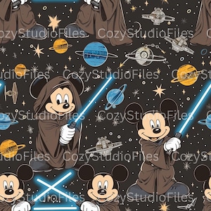 May include: Seamless pattern featuring Mickey Mouse in a Jedi robe, holding a blue lightsaber. The design includes planets, stars, and spaceships on a black background. The text "Cozy Studio Files" is repeated throughout the design.