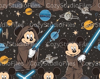 Space Adventure Mouse Seamless Pattern PNG | Jedi-Inspired Cartoon Design | Stars, Planets & Droids | 3600x3600 | 300 DPI Digital File