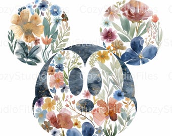 Boho Mickey Silhouette PNG | Floral Leaves Disney-Inspired Clipart | Transparent Background | 300 DPI Digital Download for Sublimation
