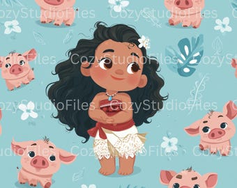 Hawaiian Princess Baby Seamless Pattern PNG | Island Leaves & Cute Animal Clipart | Blue Background | 3600x3600 | 300 DPI Digital File