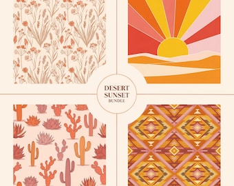 Desert Sunset Seamless Pattern Bundle – Cactus, Sunburst, Wildflowers, Southwest Geometric | 4 PNG Files for Sublimation Design