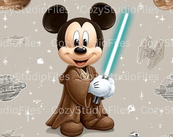Jedi-Inspired Mouse Clipart PNG | Cartoon Character with Lightsaber & Space Elements | Solid Background | 300 DPI Digital Download for Craft