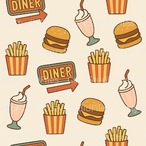 May include: A repeating pattern of diner-themed illustrations. The design includes burgers, french fries, milkshakes, and diner signs with arrows. The color palette features shades of brown, red, and cream, creating a retro aesthetic.
