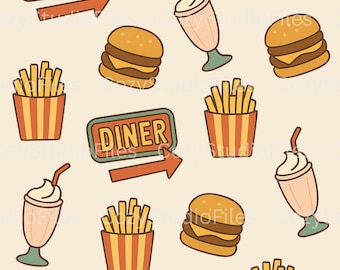 Retro Diner Food Seamless Pattern PNG | Burgers Fries Milkshakes Clipart | 3600x3600 Transparent Background | 300 DPI Sublimation File