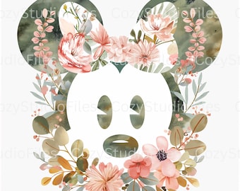 Boho Minnie Silhouette PNG | Floral Leaves Disney-Inspired Clipart with Bow | Transparent Background | 300 DPI Digital Download Sublimation