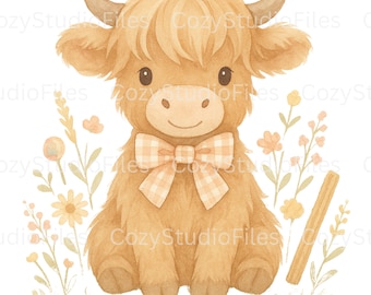 Baby Highland Cow with Gingham Bow PNG | Cute Farm Animal Clipart | 300 DPI Transparent Background | Digital Download