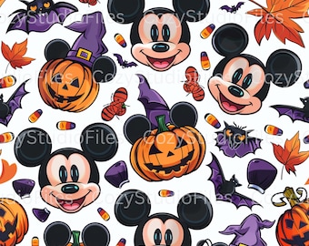 Halloween Mouse Ear Seamless Pattern PNG | Pumpkin, Candy, Witch Hat Clipart | Halloween Sublimation Design | 3600x3600 | 300 DPI