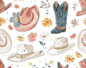 Cowgirl PNG Pattern | Western Clipart | Cowboy Hat & Boots Sublimation Design | Digital Download | Transparent Background | 300 DPI High Res