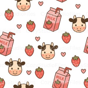 Padrão de leite e vaca com morango sem costura PNG | Clipart de vaca holandesa de desenho animado Kawaii | PNG 3600x3600 | 300 DPI | Download de arquivo de sublimação