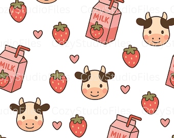 Seamless Strawberry Milk and Cow Pattern PNG | Kawaii Cartoon Holstein Cow Clipart | 3600x3600 PNG | 300 DPI | Sublimation File Download