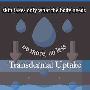 Puede incluir: Infograf&iacute;a con el texto "la piel solo toma lo que el cuerpo necesita" y "ni m&aacute;s, ni menos". Se presentan ilustraciones de gotas de agua azules. Tambi&eacute;n se muestra la frase "Absorci&oacute;n transd&eacute;rmica".