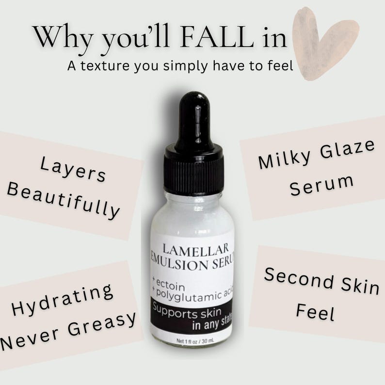 May include: A white bottle of Lamellar Emulsion Serum with a black dropper. The label includes text about the product's benefits, such as "Milky Glaze Serum" and "Second Skin Feel." The image also includes the text "Why you'll FALL in."