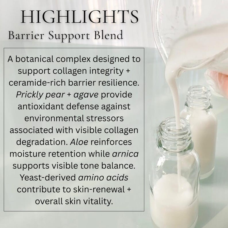 May include: Clear glass bottles being filled with a white liquid. The image includes text that reads "HIGHLIGHTS Barrier Support Blend" and describes the product's benefits for skin health, including collagen support and antioxidant defense.