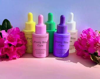 Aceite corporal orgánico Pretty Bits / Depilación, afeitado, bikini, axilas y muslos iluminados / Jojoba con infusión botánica / Gotero de vidrio de 1 oz