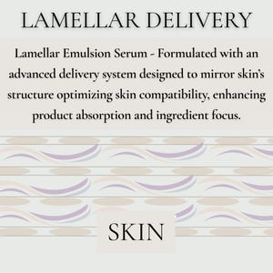 May include: Text on a light background reads "LAMELLAR DELIVERY" and describes a lamellar emulsion serum. The text below states the serum is formulated with an advanced delivery system designed to mirror skin's structure, enhancing product absorption.