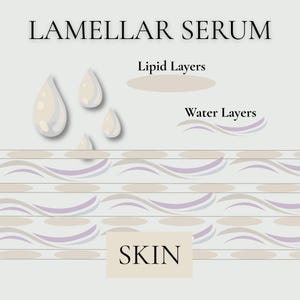 May include: An illustration for a skincare product, featuring the text "LAMELLAR SERUM." The image shows water and lipid layers, with water droplets and the word "SKIN" at the bottom. The design uses a soft, neutral color palette.