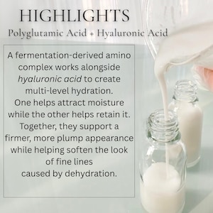 May include: Clear glass bottles being filled with a white liquid. The image includes text that reads "HIGHLIGHTS" and details about Polyglutamic Acid and Hyaluronic Acid, and their benefits for skin hydration and appearance.