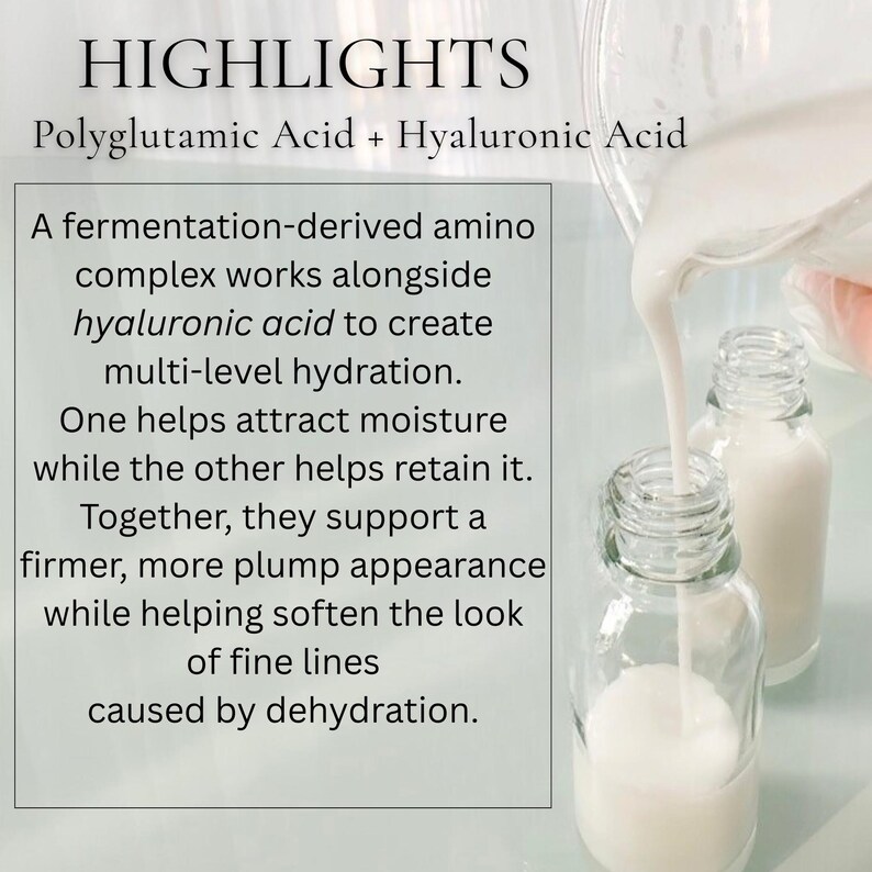 May include: Clear glass bottles being filled with a white liquid. The image includes text that reads "HIGHLIGHTS" and details about Polyglutamic Acid and Hyaluronic Acid, and their benefits for skin hydration and appearance.