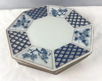 Set of 3 Vintage Japanese-Style Octagonal Porcelain Plates With Blue and White Flowers and Geometric Patterns 7in Appetizer Plates