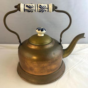 Vintage Copper Tea Kettle with Blue and White Ceramic Handle - Vintage Teapot, Copper Teapot, Antique Kitchen Decor