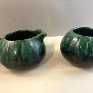 Vintage Blue Mountain Pottery Creamer and Sugar Green/Black Drip Glaze Ceramic Serving Pieces