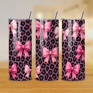 Pink Coquette Tumbler Wrap - 20oz Straight Tumbler Sublimation - Leopard Print Tumbler Wrap - Bow Tumbler - PNG Instant Download