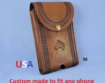 Personalized Leather Cell Phone Holster: Hand Carved Phone Pouch