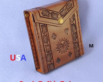 Hand Tooled Leather Playing Card Case – Antiqued Brass Snap