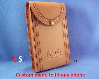 Personalized Leather Cell Phone Holster: Hand Carved Phone Pouch
